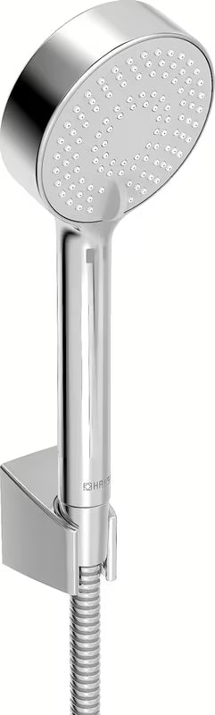 Chromowany zestaw wannowy Hansa Basicjet z 3-funkcyjną rączką prysznicową, wężem 1500 mm i uchwytem ściennym.