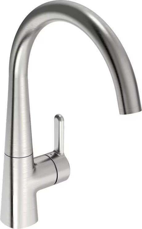 Hansa Designo jednouchwytowa stojąca bateria zlewozmywakowa z obrotowym ramieniem w wykończeniu szczotkowana stal