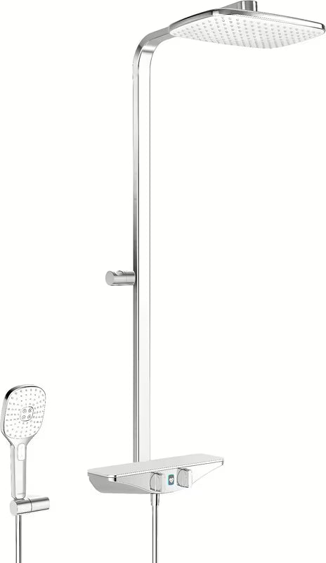 Hansa Emotion system prysznicowy z baterią termostatyczną Wellfit w wykończeniu biały/chrom z deszczownicą i słuchawką prysznicową.