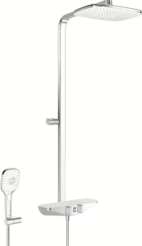 Hansa Emotion system prysznicowy z baterią termostatyczną Wellfit w wykończeniu biały/chrom z deszczownicą i słuchawką prysznicową.