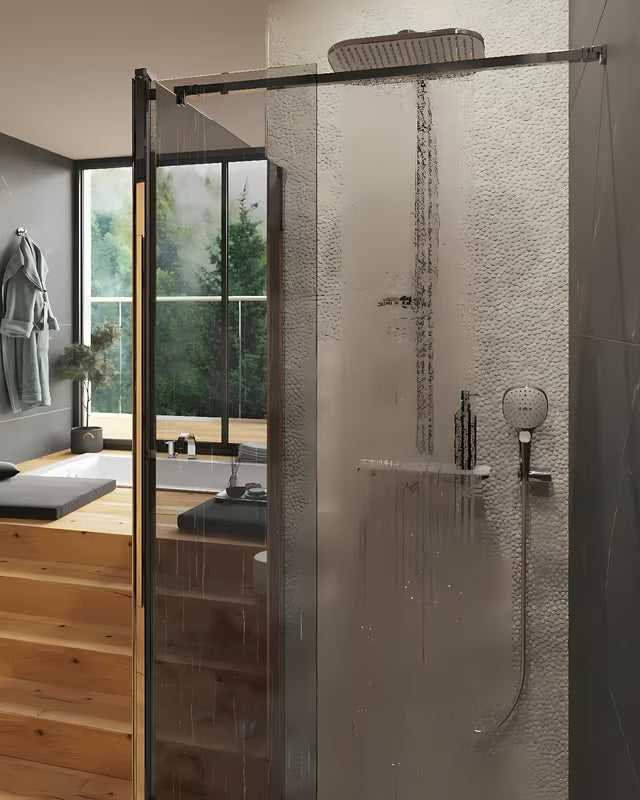 Hansa Emotion system prysznicowy z baterią termostatyczną Wellfit w wykończeniu biały/chrom z deszczownicą i słuchawką prysznicową.