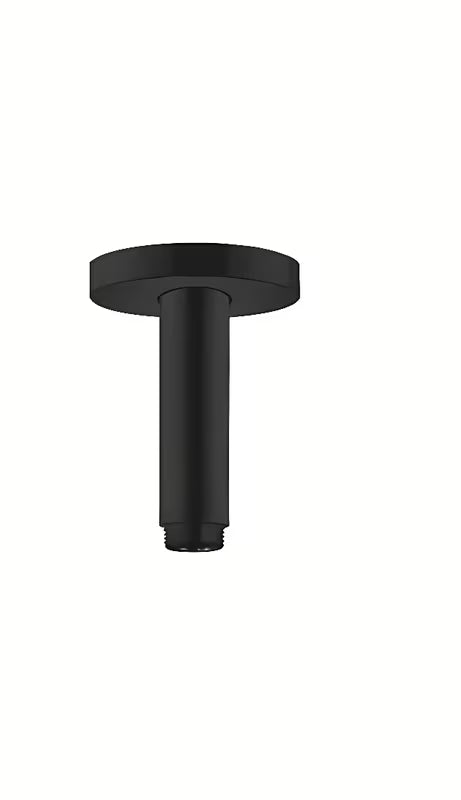 Sufitowe ramię prysznicowe hansgrohe S 10 cm w matowej czerni z okrągłą rozetą pro deszczownicy.