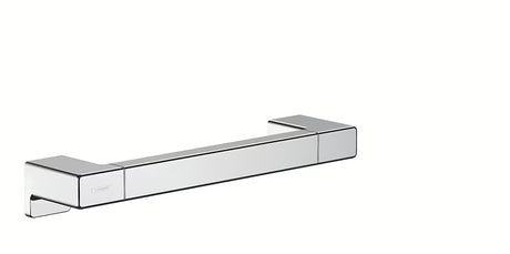 Chromowany metalowy uchwyt hansgrohe addstoris pro zapewnia stabilniejsze podparcie pod prysznicem lub przy wanny