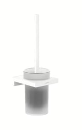 Ścienna SZCZOTKA do Wc hansgrohe addstoris w matowej bieli z uchwytem z metalu i ze szklanym pojemnikiem.