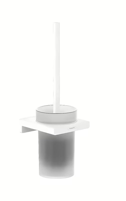 Ścienna SZCZOTKA do Wc hansgrohe addstoris w matowej bieli z uchwytem z metalu i ze szklanym pojemnikiem.