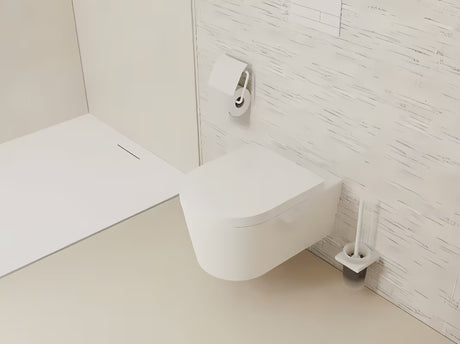 Ścienna SZCZOTKA do Wc hansgrohe addstoris w matowej bieli z uchwytem z metalu i ze szklanym pojemnikiem.