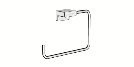 Chromowany wieszak na ręcznik w formie obręczy Hansgrohe addstoris z otwartym bokiem pro dla łatwego zawieszania.