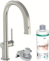 Bateria kuchenna zlewozmywakowa Hansgrohe Aqittura w wykończeniu stal nierdzewna z filtrem, z wyciąganą wylewką i sBoxem