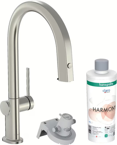 Bateria kuchenna zlewozmywakowa Hansgrohe Aqittura w wykończeniu stal nierdzewna z filtrem, z wyciąganą wylewką i sBoxem
