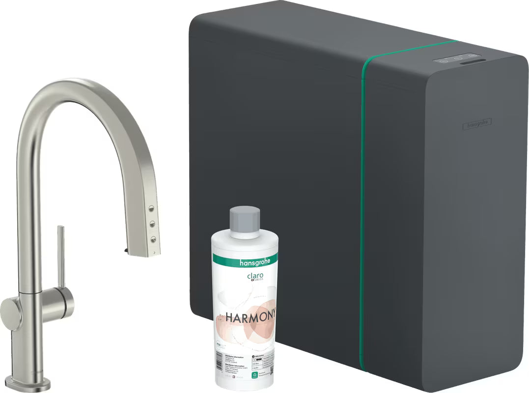 Stalowa bateria zlewozmywakowa Hansgrohe Aqittura z filtrem z wyborem wody gazowanej przyciskiem Select