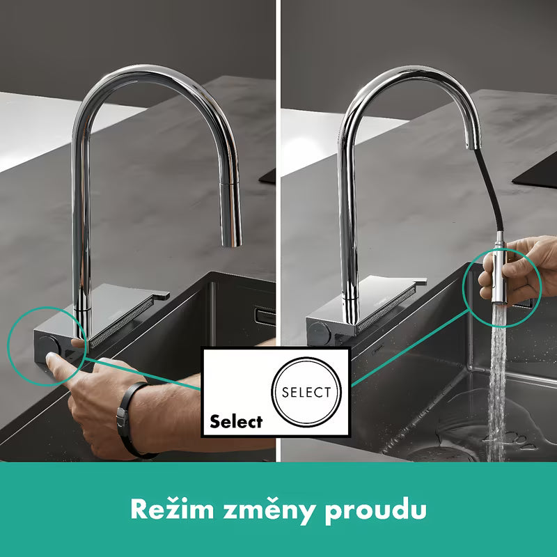 Chromowana bateria zlewozmywakowa Hansgrohe Aquno z wyciąganą wylewką z przełączaniem strumieni Select