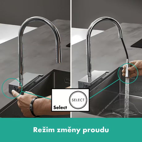 Chromowana bateria zlewozmywakowa Hansgrohe Aquno z wyciąganą wylewką z przełączaniem strumieni Select