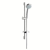 Zestaw prysznicowy Hansgrohe Croma 100 Vario w wykończeniu chrome ze słuchawką prysznicową, drążkiem, wężem i mydelniczką.
