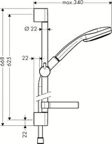 Zestaw prysznicowy Hansgrohe Croma 100 Vario w wykończeniu chrome ze słuchawką prysznicową, drążkiem, wężem i mydelniczką.
