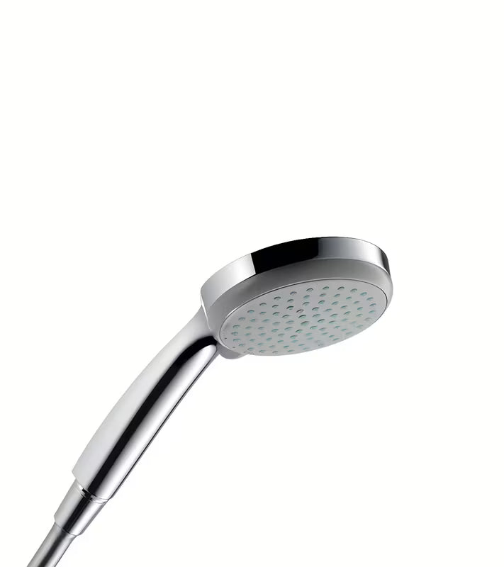 Chromowana słuchawka prysznicowa Hansgrohe Croma 100 Vario o średnicy 100 mm i czterech rodzajach strumienia.