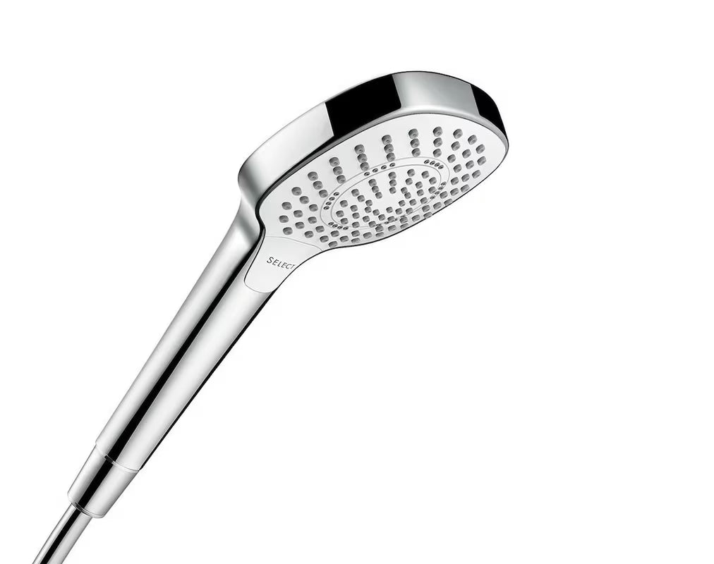 Hansgrohe Croma Select E zestaw prysznicowy w kolorze białym i chromie z słuchawką prysznicową i drążkiem Unica