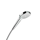 Słuchawka prysznicowa Hansgrohe Croma Select E Vario w wykończeniu biały/chrom z przyciskiem Select i średnicą 110 mm.