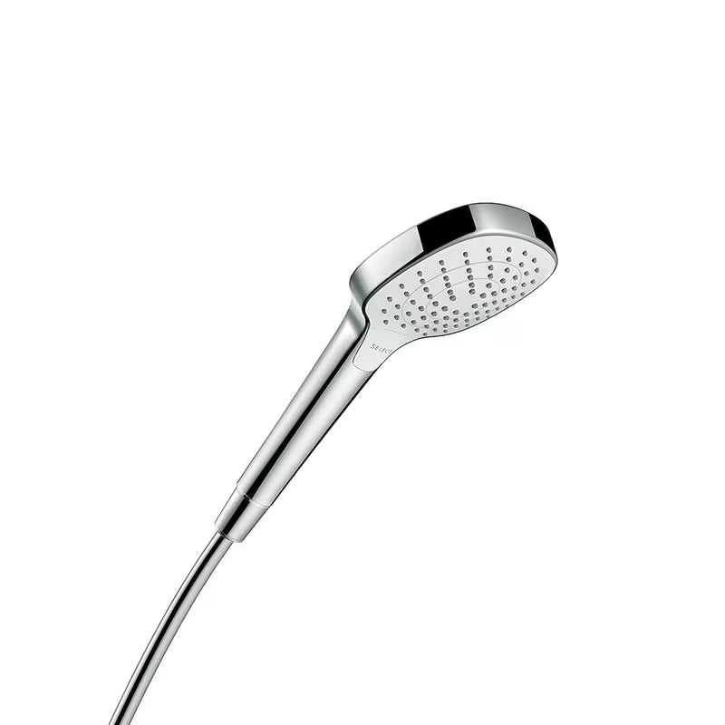 Słuchawka prysznicowa Hansgrohe Croma Select E Vario w wykończeniu biały/chrom z przyciskiem Select i średnicą 110 mm.