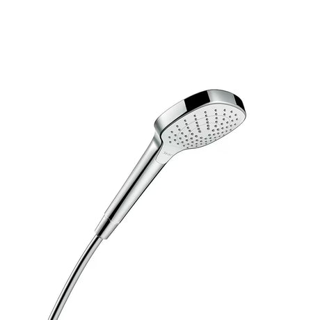 Słuchawka prysznicowa Hansgrohe Croma Select E Vario w wykończeniu biały/chrom z przyciskiem Select i średnicą 110 mm.
