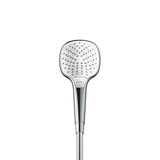 Słuchawka prysznicowa Hansgrohe Croma Select E Vario w wykończeniu biały/chrom z przyciskiem Select i średnicą 110 mm.