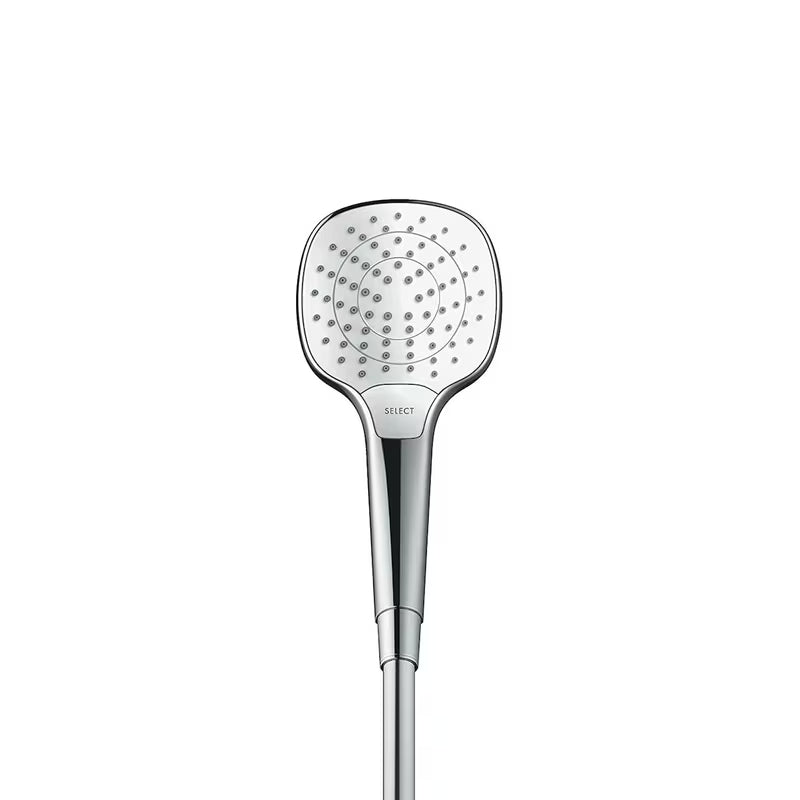 Słuchawka prysznicowa Hansgrohe Croma Select E Vario w wykończeniu biały/chrom z przyciskiem Select i średnicą 110 mm.