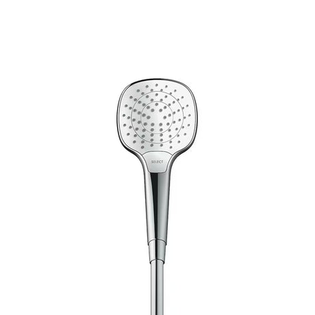 Słuchawka prysznicowa Hansgrohe Croma Select E Vario w wykończeniu biały/chrom z przyciskiem Select i średnicą 110 mm.