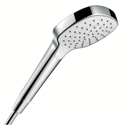 Słuchawka prysznicowa Hansgrohe Croma Select E w wykończeniu biały i chrom ze strumieniem Rain i średnicą 110 mm.