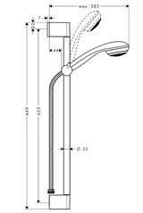 Hansgrohe Crometta 85 zestaw prysznicowy w chromie ze słuchawką prysznicową, drążkiem, wężem i suwakiem.