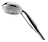 Słuchawka prysznicowa Hansgrohe Crometta 85 Mono w kolorze chrom z okrągłą główką i jasnoszarą tarczą dysz.