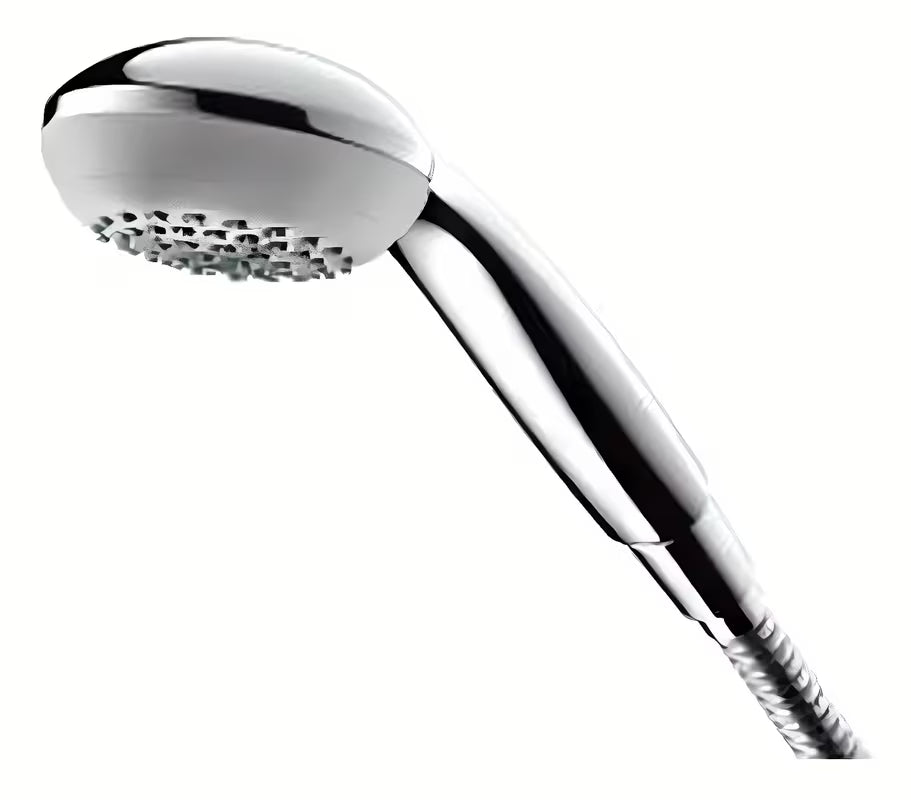 Słuchawka prysznicowa Hansgrohe Crometta 85 Mono w kolorze chrom z okrągłą główką i jasnoszarą tarczą dysz.