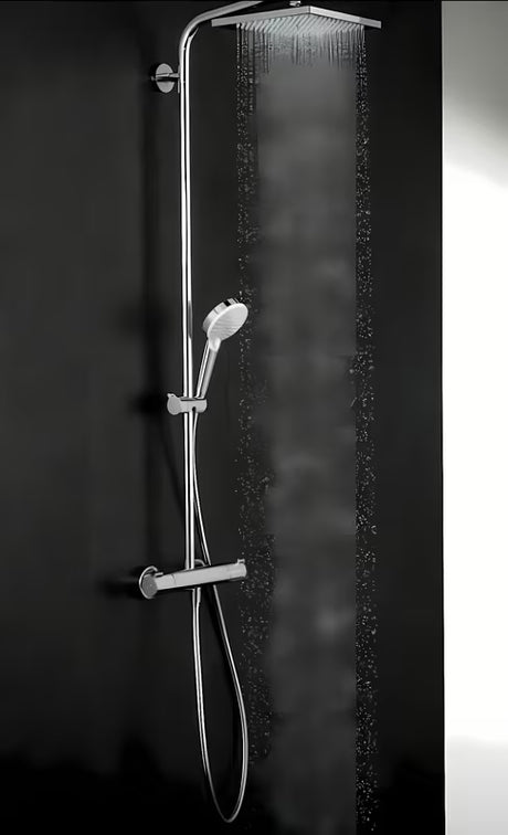 Hansgrohe Crometta E system prysznicowy z baterią termostatyczną w chromie z deszczownicą i słuchawką prysznicową