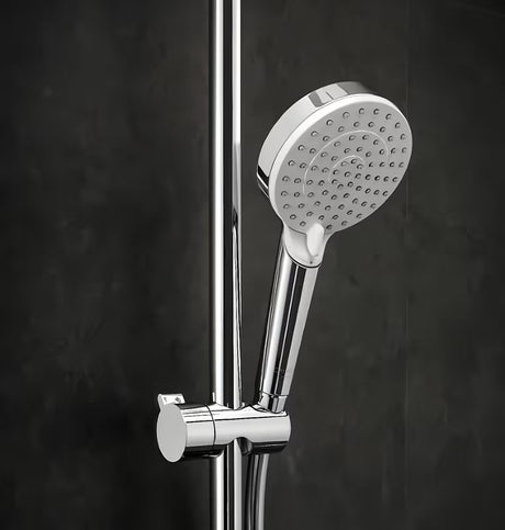 Hansgrohe Crometta E system prysznicowy z baterią termostatyczną w chromie z deszczownicą i słuchawką prysznicową