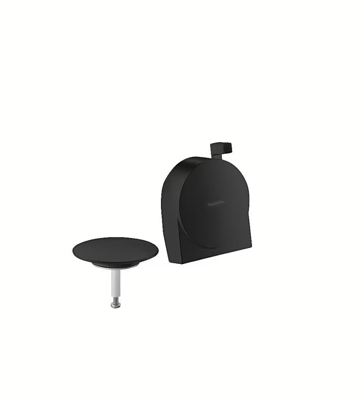Hansgrohe Exafill S zestaw wykończeniowy automatu wannowego w matowej czerni z odejściem do wanny, odpływem i przelewem.