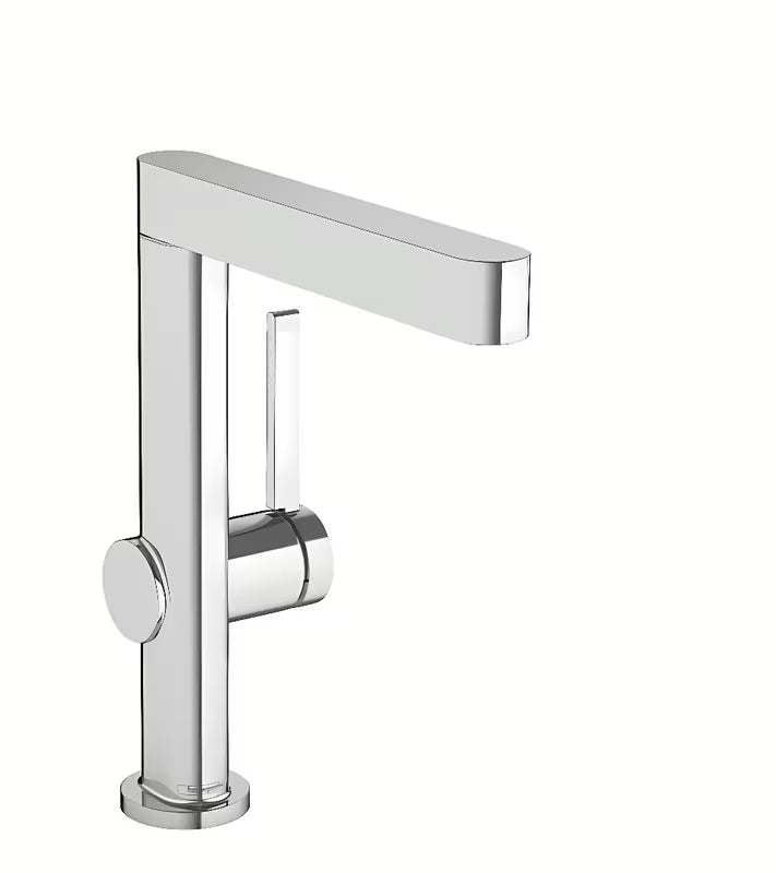 Chromowana bateria umywalkowa jednouchwytowa hansgrohe Finoris z obrotową wylewką i korkiem push-open