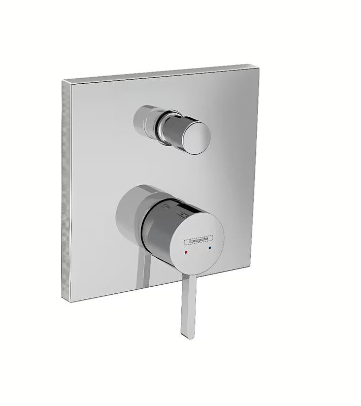Podtynkowa jednouchwytowa prysznicowa i bateria wannowa hansgrohe Finoris w chromie, na kwadratowej rozecie.