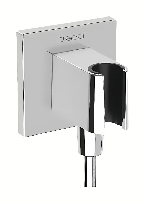 Hansgrohe fixfit E przyłącze kątowe wody z uchwytem ręczna prysznice w chromie i o kwadratowym designie.