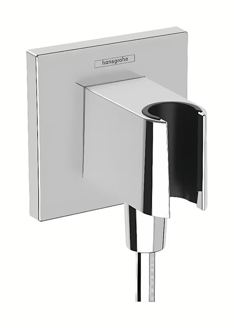 Hansgrohe fixfit E przyłącze kątowe wody z uchwytem ręczna prysznice w chromie i o kwadratowym designie.