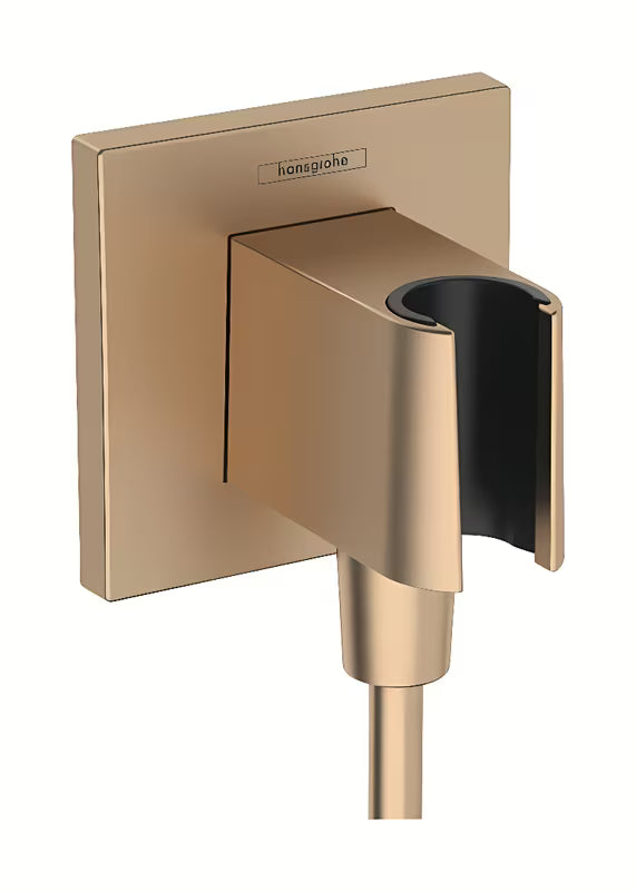 Przyłącze kątowe hansgrohe fixfit E z uchwytem prysznicowym w szczotkowanym brązie z kwadratową rozetą.
