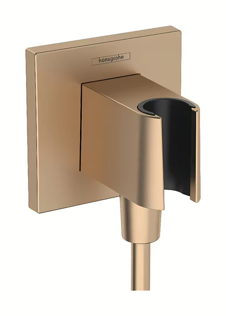 Przyłącze kątowe hansgrohe fixfit E z uchwytem prysznicowym w szczotkowanym brązie z kwadratową rozetą.