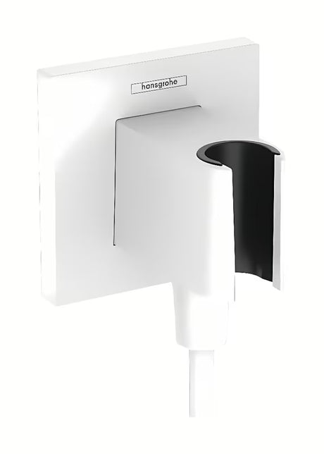 Hansgrohe fixfit E przyłącze kątowe w matowej bieli z uchwytem ręcznej prysznice i kwadratową rozetą.