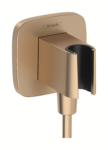 Podtynkowe przyłącze ścienny hansgrohe fixfit Q z uchwytem prysznica w wykończeniu szczotkowany brąz.