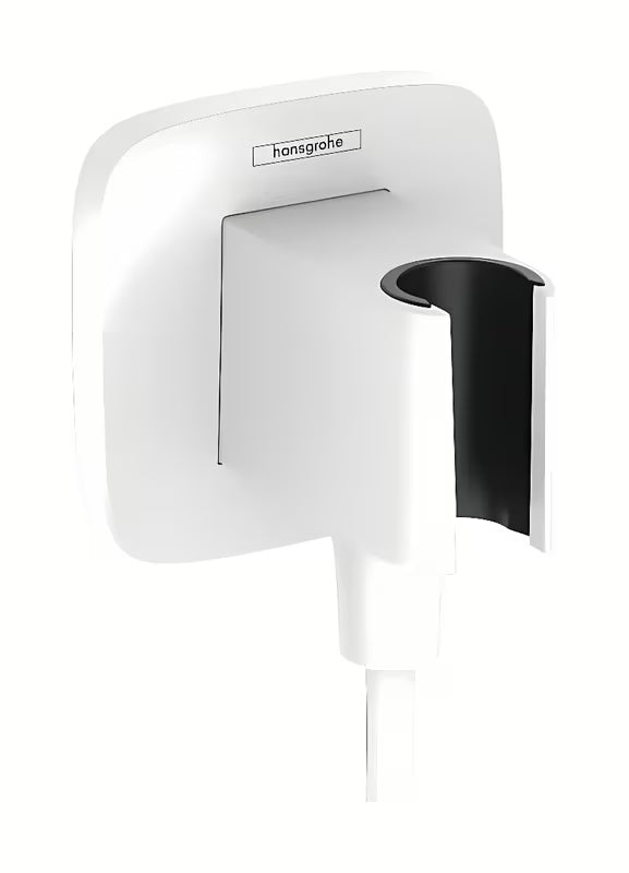 Matowobiałe przyłącze kątowe hansgrohe fixfit Q z uchwytem głowice prysznicowe i zaworem zwrotnym.