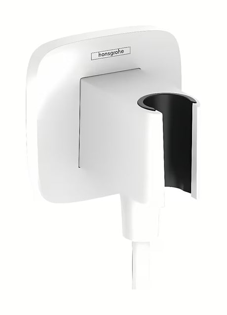 Matowobiałe przyłącze kątowe hansgrohe fixfit Q z uchwytem głowice prysznicowe i zaworem zwrotnym.