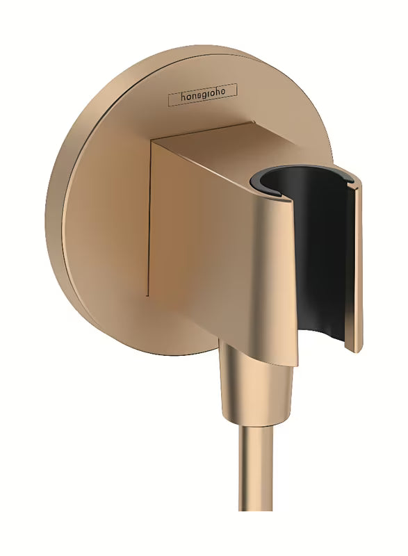Hansgrohe fixfit S przyłącze kątowe z uchwytem prysznica w szczotkowanym brązie, okrągły design.