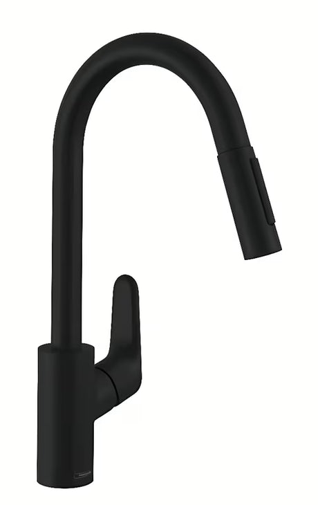 Matowa czerń bateria zlewozmywakowa Hansgrohe Focus M41 z wysoką wylewką i wyciąganą wylewką natryskową.