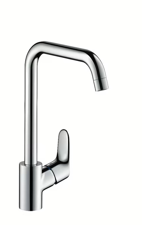 Chromowana niskociśnieniowa bateria zlewozmywakowa Hansgrohe Focus M41 z obrotową wylewką pro otwarty podgrzewacz wody.