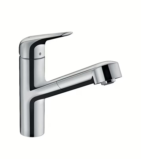 Chromowana bateria zlewozmywakowa Hansgrohe Focus M42 z wyciąganą wylewką i dźwignią