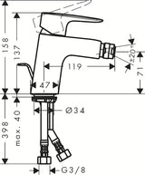 Chromowana stojąca bateria bidetowa Hansgrohe HG248 z odpływem z perlatorem z przegubem kulowym