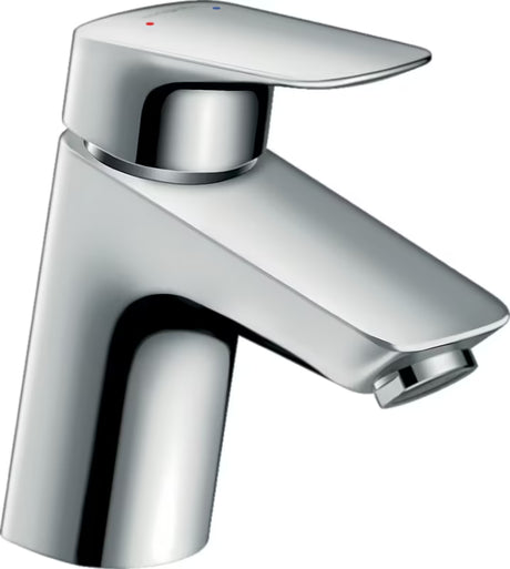 Chromowana umywalkowa jednouchwytowa bateria hansgrohe Logis 70 bez korka odpływowego w designie SoftCube.