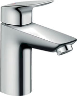 Chromowana jednouchwytowa bateria umywalkowa hansgrohe Logis 100 CoolStart z odpływem i ergonomiczną dźwignią.